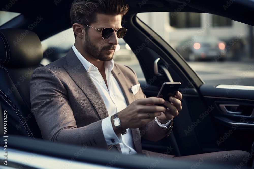 A successful businessman in a luxurious suit in his car using his smartphone A successful businessman in a luxurious suit in his car using his smartphone