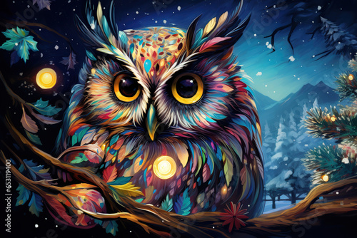 colorful magical owl in the night, winter scene with snowflakes