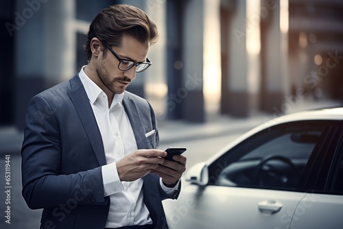 Businessman standing next to his luxury car holding a smartphone