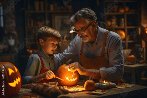 Handsome senior man and his grandson making jack-o-lantern for Halloween 
