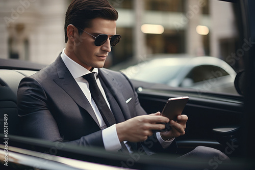A successful businessman in a luxurious suit in his car using his smartphone