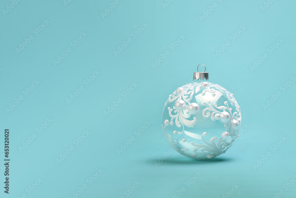 Elegant decorative ball against pastel blue background, Creative Christmas and New Year greeting card or banner with creative copy space. Elegant decorative ball against pastel blue background, Creative Christmas and New Year greeting card or banner with creative copy space.