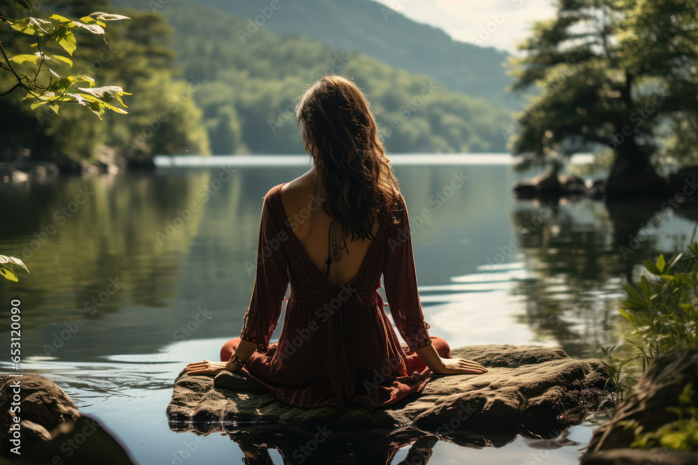A person practicing mindfulness meditation by a tranquil lake, emphasizing the connection between nature and inner peace. Generative Ai. A person practicing mindfulness meditation by a tranquil lake, emphasizing the connection between nature and inner peace. Generative Ai.