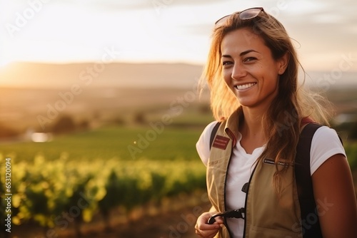 Portrait of happy young woman with backpack in vineyard at sunset