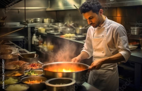 Male chef assistant preparing soup in a busy kitchen in a luxurious restaurant.