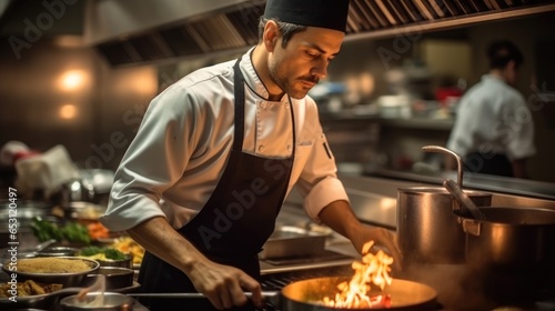 A masterful chef in the bustling environment of a high-end restaurant.