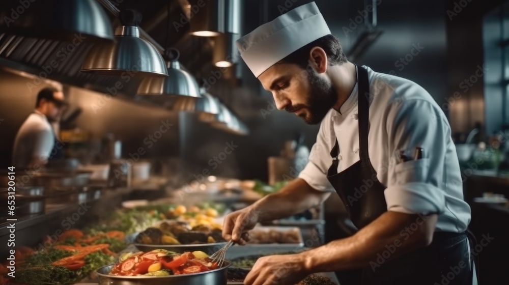 Chef preparing a gourmet dish in a restaurant kitchen. Chef preparing a gourmet dish in a restaurant kitchen.