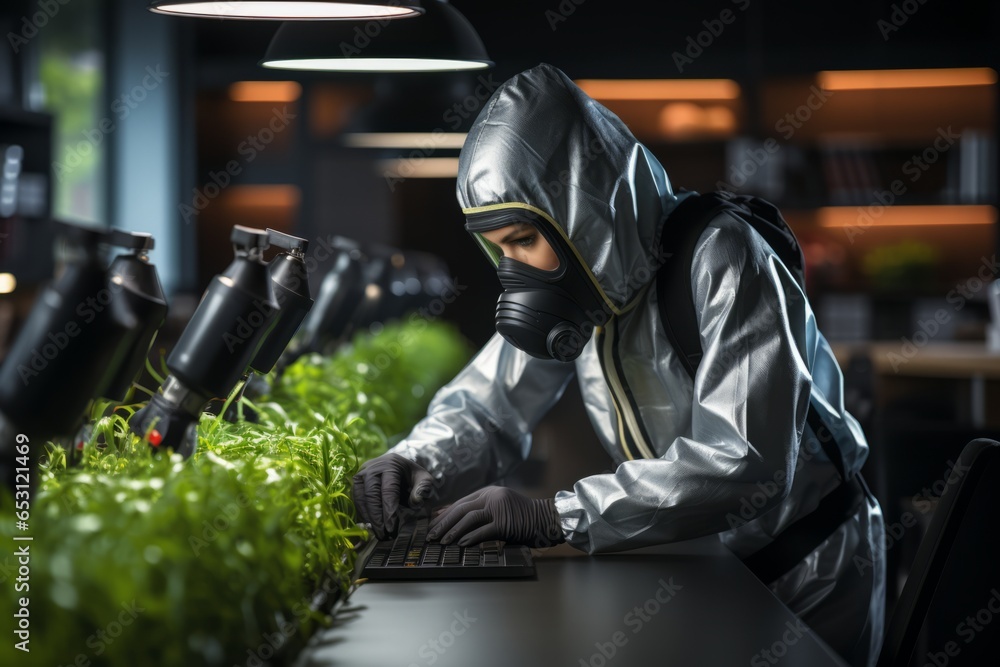 Professional cleaner meticulously disinfecting office desks, Generative AI Professional cleaner meticulously disinfecting office desks, Generative AI