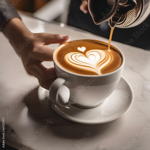 A barista artfully pouring frothy latte art in a heart shape on a coffee4