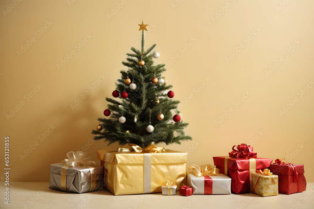 Simple Christmas tree and presents on light yellow solid background. Generative ai.