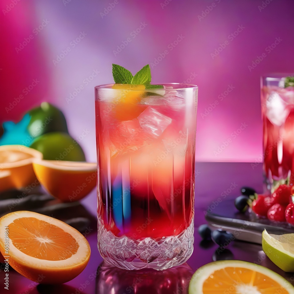 A stylish mocktail served in a crystal glass with a colorful gradient of fruit juices3