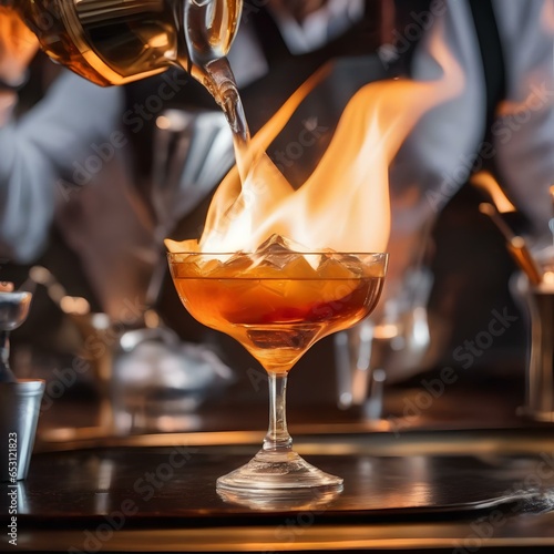 A close-up of a bartenders hands igniting a cocktail on fire with a torch2