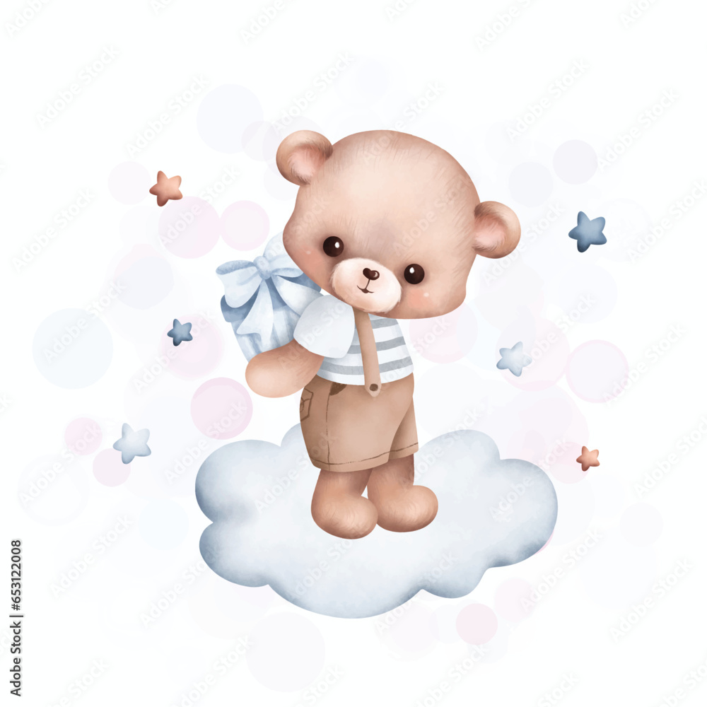 Watercolor Illustration cute teddy bear on the cloud Watercolor Illustration cute teddy bear on the cloud