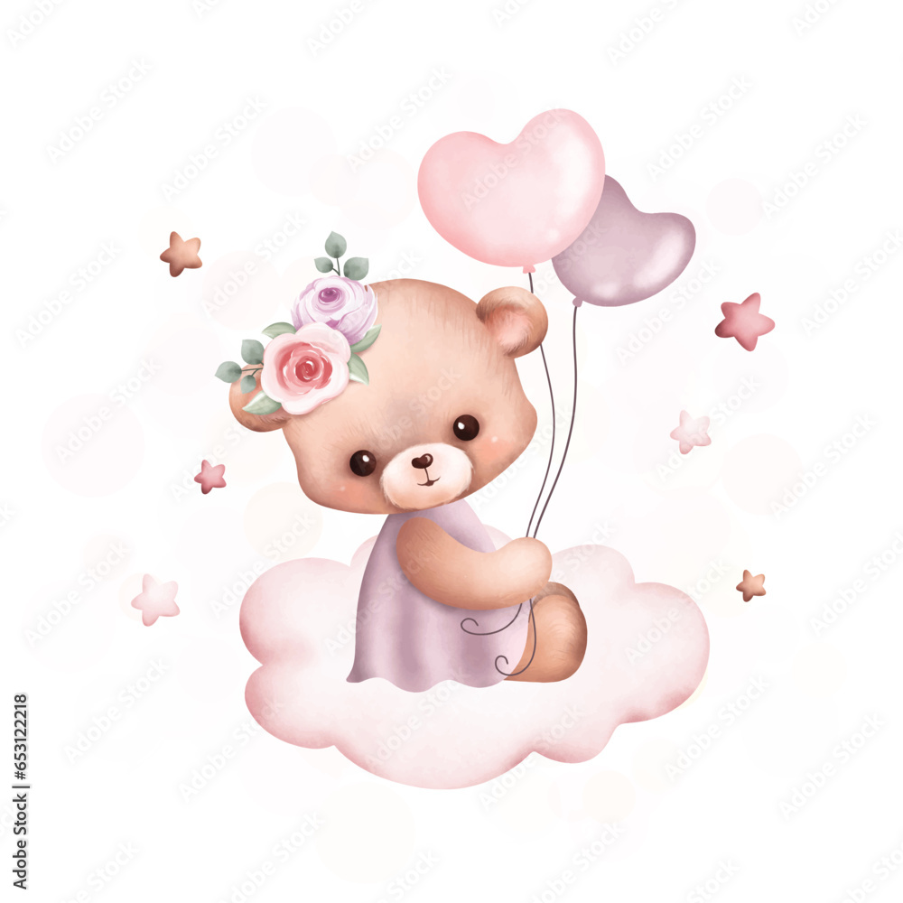 Watercolor Illustration cute teddy bear on the cloud Watercolor Illustration cute teddy bear on the cloud