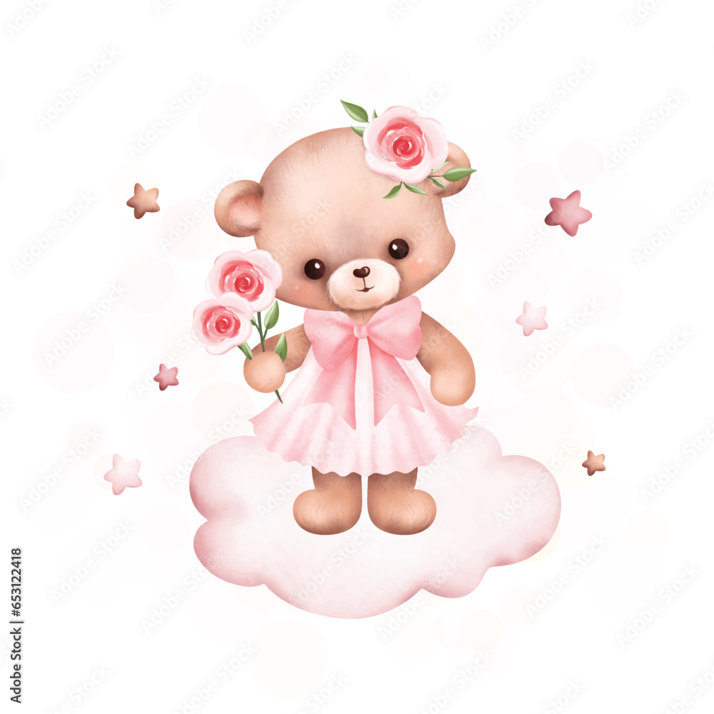 Watercolor Illustration cute teddy bear on the cloud Watercolor Illustration cute teddy bear on the cloud