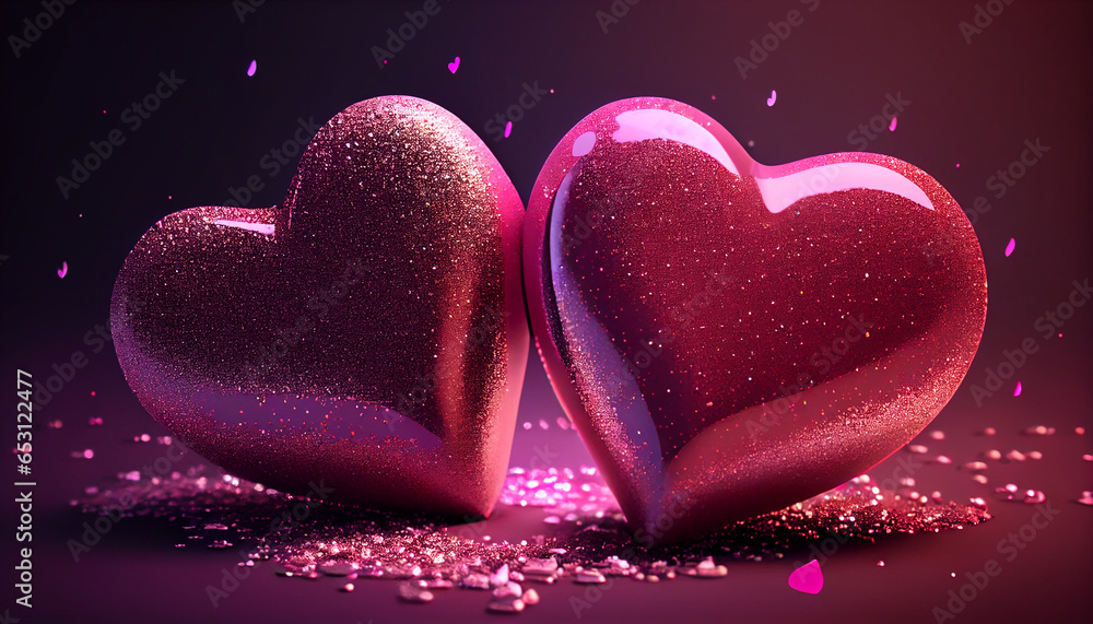 Obraz premium Two pink hearts with nice glittery with Valentine’s day background, Ai generated image