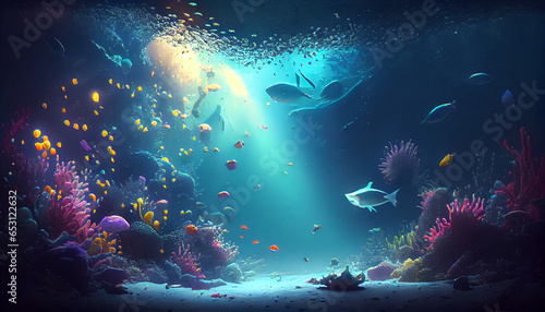 underwater scene with reef and coral  Underwater deep ocean mysterious colorful light background  Ai generated image