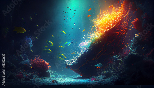 underwater scene with reef and coral, Underwater deep ocean mysterious colorful light background, Ai generated image © FH Multimedia