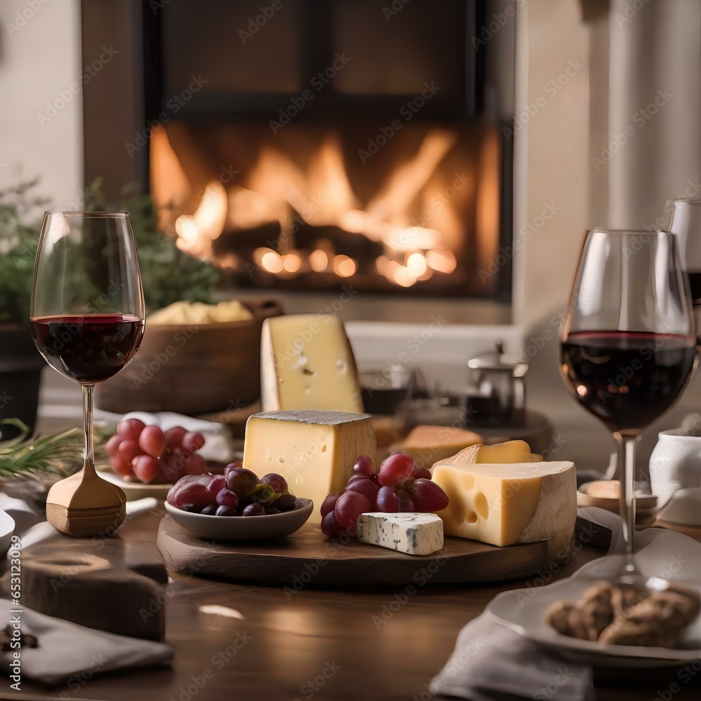 A cozy fireplace with two wine glasses and a cheese platter on a coffee table4 A cozy fireplace with two wine glasses and a cheese platter on a coffee table4