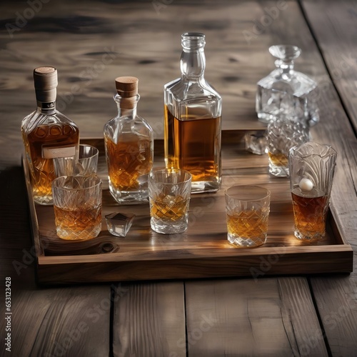 A rustic wooden tray with a selection of whiskey bottles and crystal glasses1