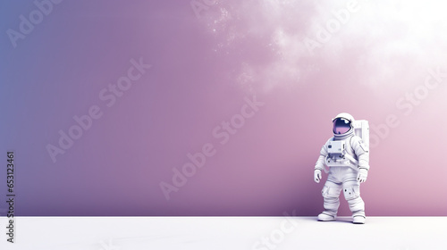Spaceman astronaut standing on outer space violet minimalist background with copy space