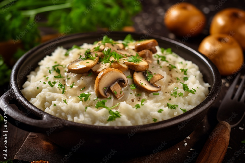 photo of creamy sautéed mushrooms with rice and salad