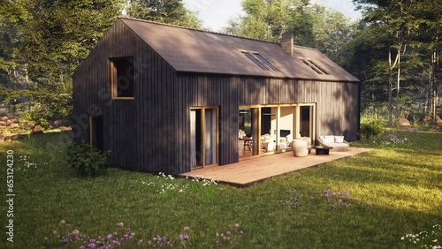 Exterior of a family house with a terrace, black wooden facade - 3D animation