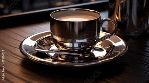 Coffee in stainless steel cup on wooden table in cafe with lighting background