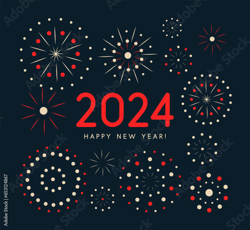 Explosive fireworks and radiant bursts of color with New Year 2024 numbers. Perfect for New Year party invitations and festive banners. Vector illustration.