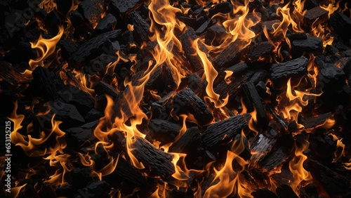 Fire flames with charcoal on black background photo