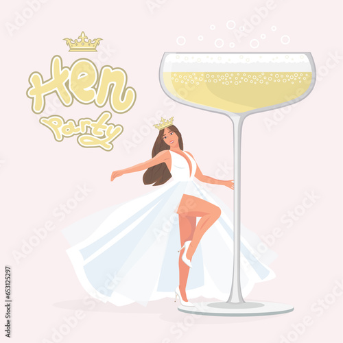 Hen party banner with bride, glass and gold crown. Bridal shower invitation.