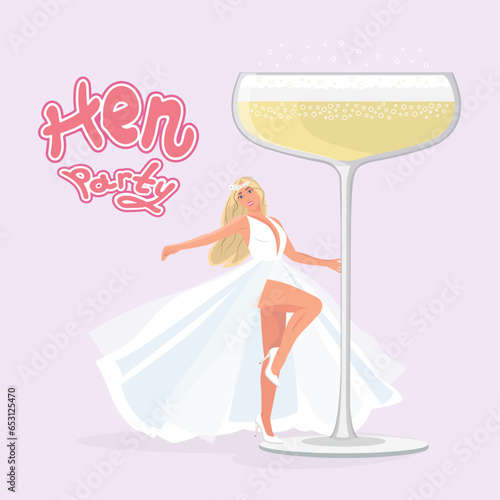 Hen party pink banner with blonde bride, glass and gold crown. Bridal shower invitation.