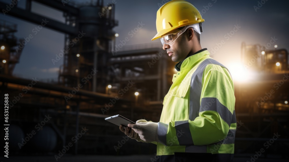 Engineer inspector conducting an inspection at an industrial plant wearing a hard hat and jacket and holding a document