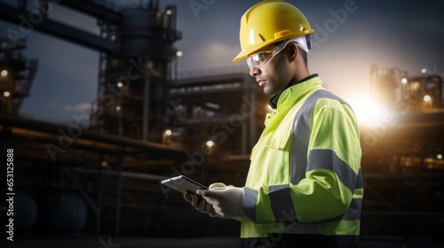 Obraz na płótnie Engineer inspector conducting an inspection at an industrial plant wearing a hard hat and jacket and holding a document w salonie