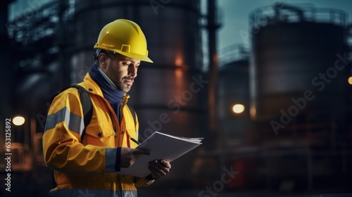 Engineer inspector conducting an inspection at an industrial plant wearing a hard hat and jacket and holding a document