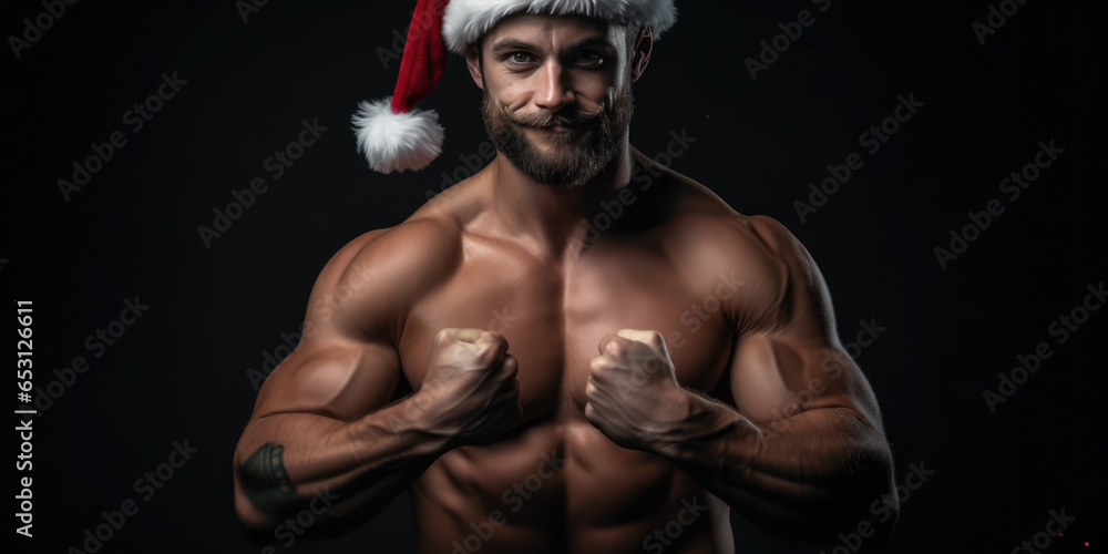 Obraz premium Young Muscular Santa Claus. Muscular Man with a red Santa Hat on a black background. Modern Santa Body builder. Merry Christmas and Happy New Year