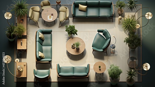 Top view layout plan of modern furnishings in interior design. Symmetrical details of home