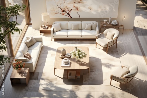 Top view layout plan of modern furnishings in interior design. Symmetrical details of home