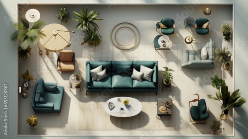 Top view layout plan of modern furnishings in interior design. Symmetrical details of home