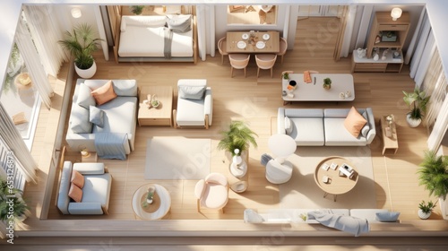 Top view layout plan of modern furnishings in interior design. Symmetrical details of home