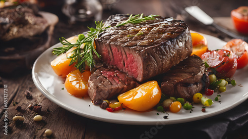 A delicious White plate topped with a juicy steak and roasted vegetables photo