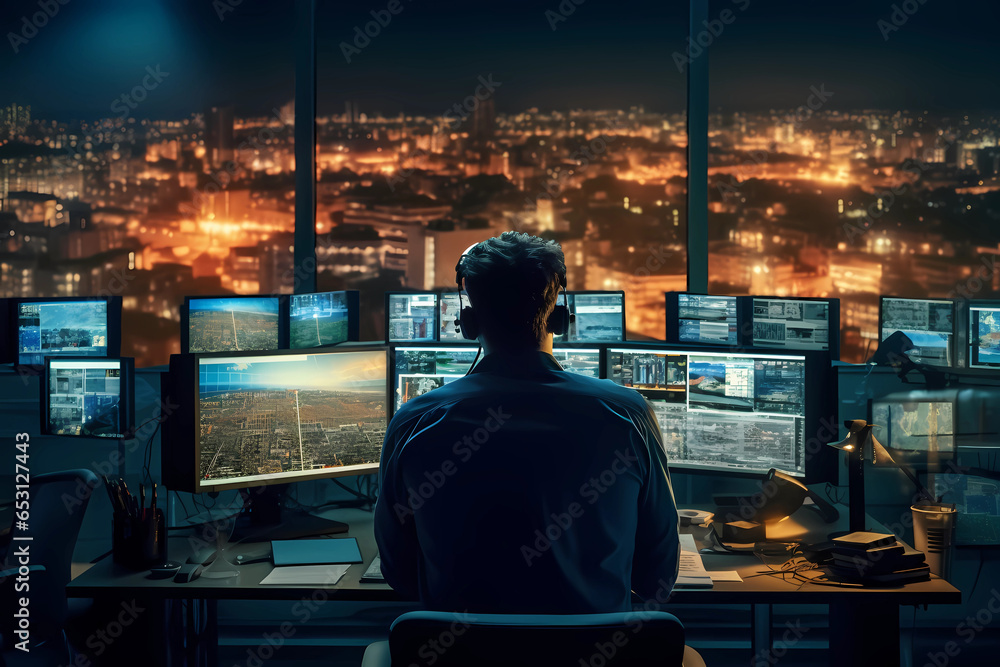 Military Surveillance Officer Working on a City Tracking Operation in a Central Office Hub for Cyber Control and Monitoring for Managing National Security. Created with Generative AI technology Military Surveillance Officer Working on a City Tracking Operation in a Central Office Hub for Cyber Control and Monitoring for Managing National Security. Created with Generative AI technology
