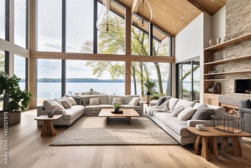 modern natural contemporary interior design concept living room with wooden and natural texture decoration beautiful house with nature view background © VERTEX SPACE
