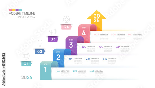 Business step timeline infographic arrow template. Modern milestone element timeline diagram calendar and 4 quarter topics, vector infographics.