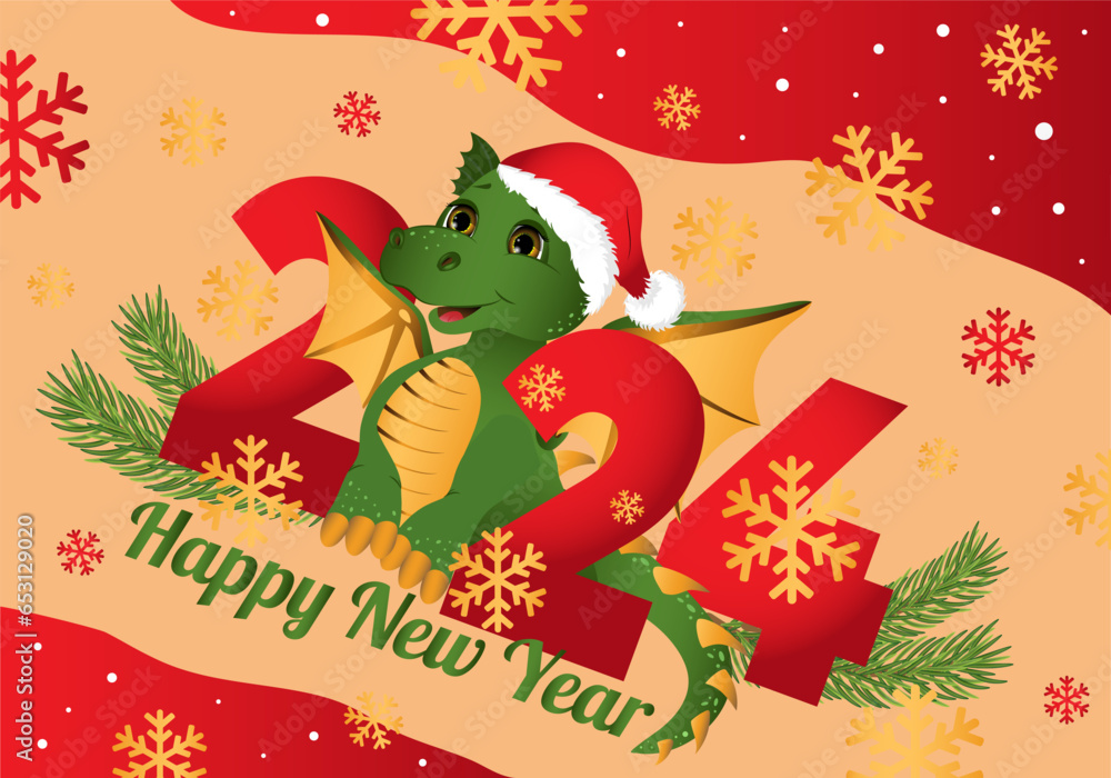Greeting postcard. Happy new year 2024 with symbol of the year dragon. Colorful design in red, yellow, green colors. Greeting postcard. Happy new year 2024 with symbol of the year dragon. Colorful design in red, yellow, green colors.