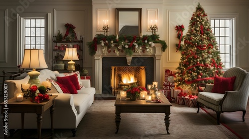 Christmas room interior design. Bright living room adorned with festive Christmas decorations. hyper-realistic photography.  Generative AI © Rabbit_1990
