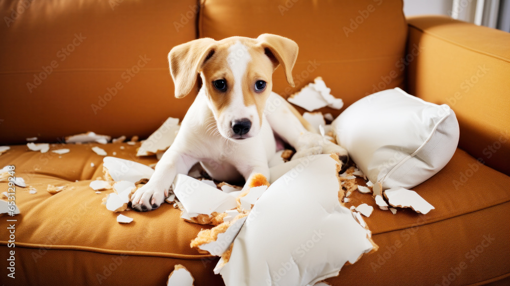 Stockfoto Dog destroyed sofa cushion while was home alone, destroyed
