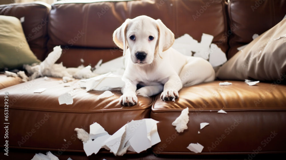 Dog destroyed sofa cushion while was home alone, destroyed living room