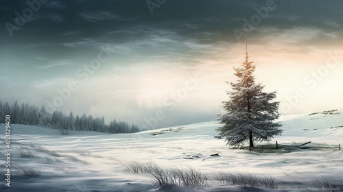 Winter Landscape with a Conifer Tree at the Side - Generative AI