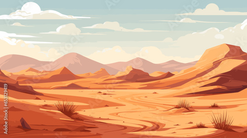 Desert sandy and rocky landscape  sunny day. Desert dunes vector background.